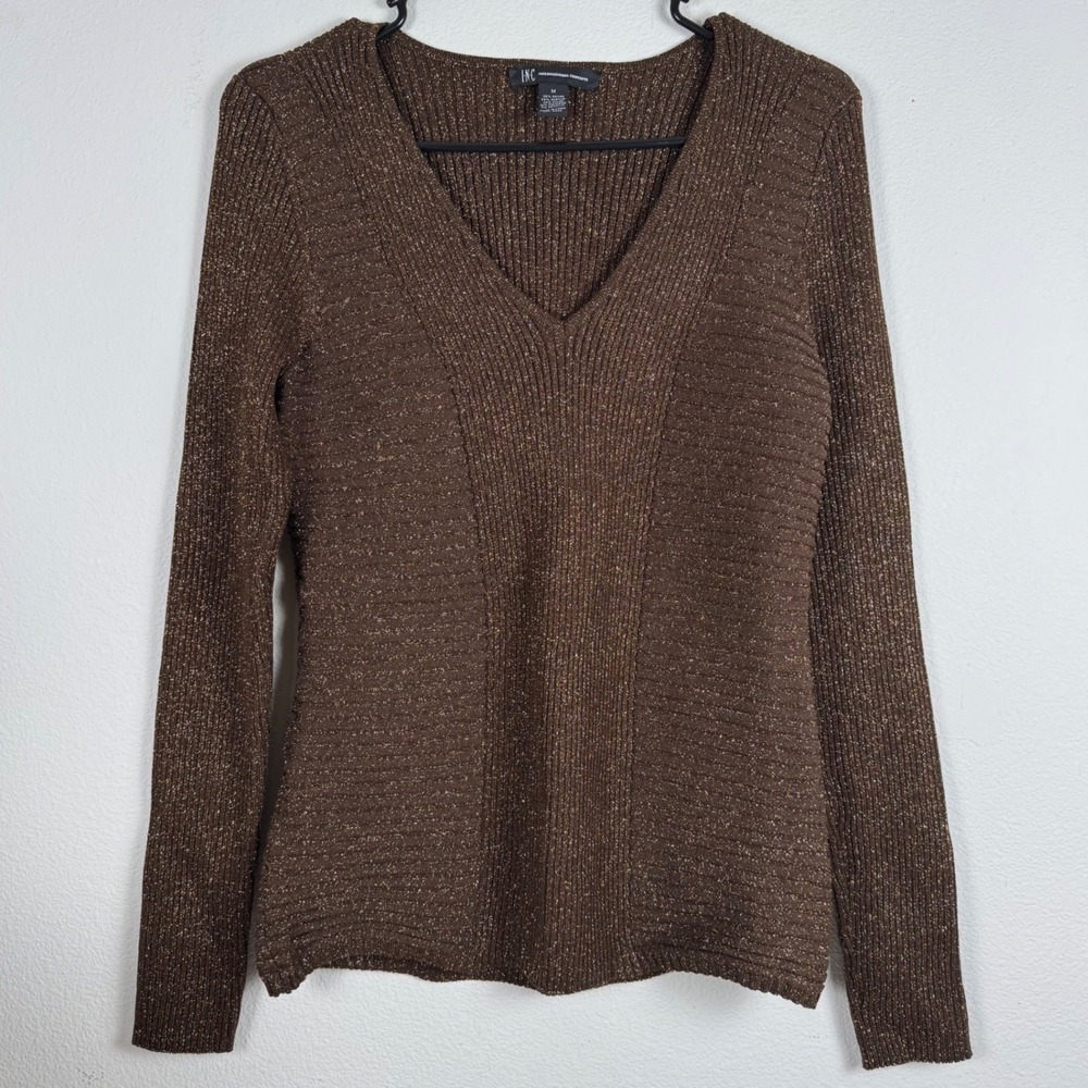 INC International Concepts Brown Gold Metallic Ribbed V-Neck Sweater M